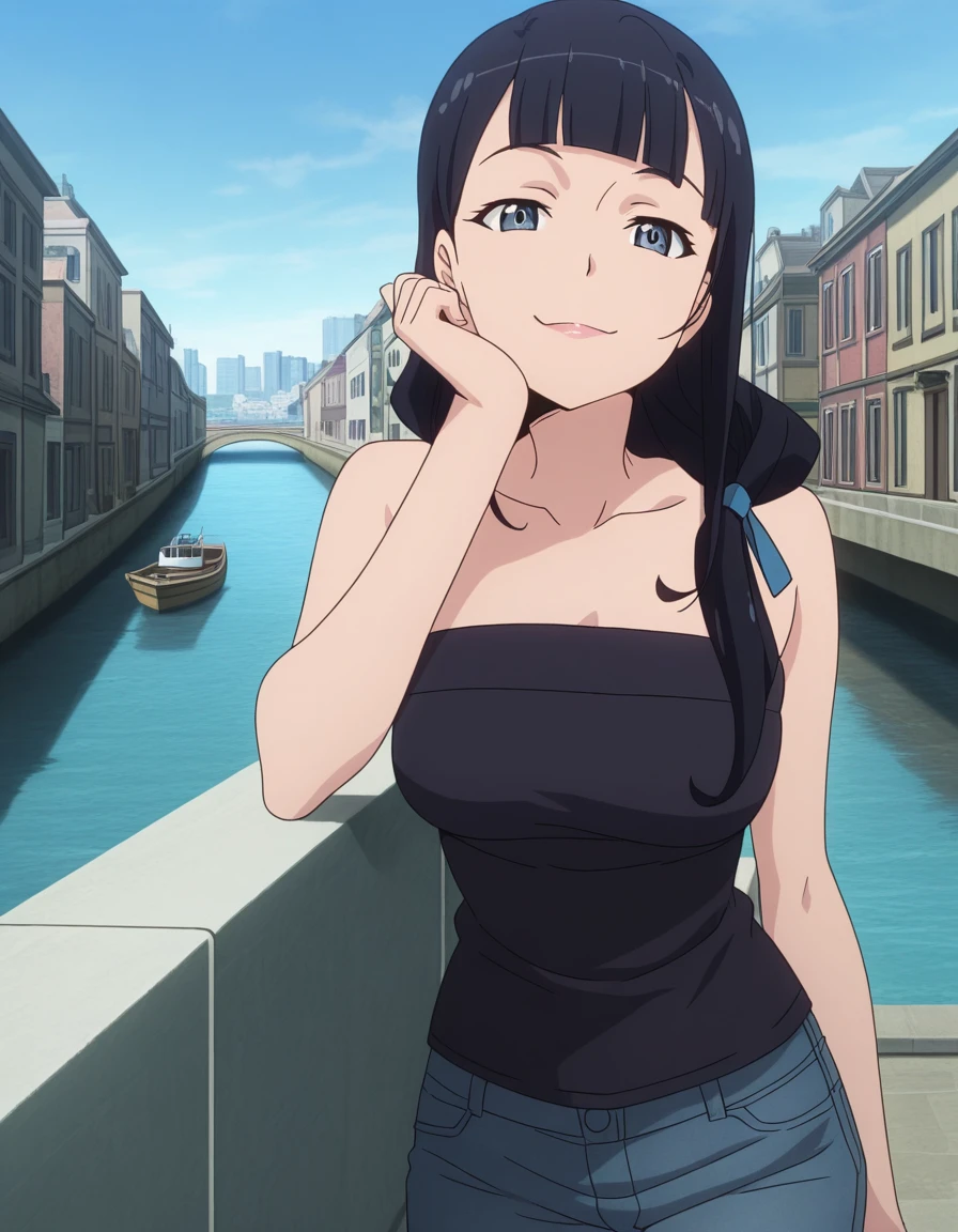 masterpiece, best quality, amazing quality,, <lora:mari-kurokawa-s1s2-illustriousxl-lora-nochekaiser:1>, mari kurokawa, long hair, bangs, blue eyes, black hair, ribbon, hair ribbon, blue ribbon, hair over shoulder, mature female, medium breasts, anime screencap, shirt, bare shoulders, collarbone, black shirt, strapless, pants, denim,, head rest, smug, canal, water, boats, city, narrow, cowboy shot, solo, looking at viewer