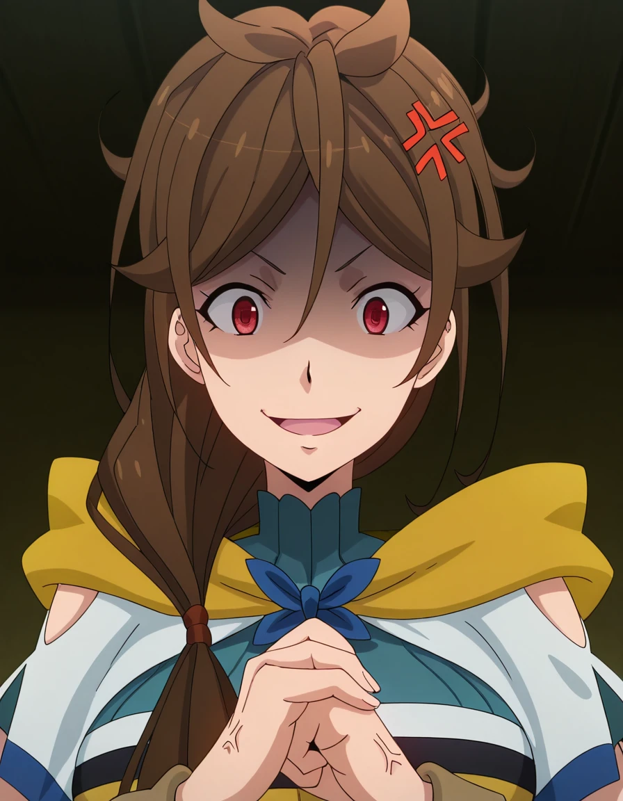 masterpiece, best quality, amazing quality,, <lora:arpeggio-el-lalena-s2-illustriousxl-lora-nochekaiser:1>, arpeggio el lalena, long hair, brown hair, red eyes, hair over shoulder, mature female, medium breasts, anime screencap, <lora:cracking-knuckles-illustriousxl-lora-nochekaiser:1>, cracking knuckles, shaded face, open mouth, looking at viewer, looking down, fist in hand, own hands together, anger vein, false smile,,