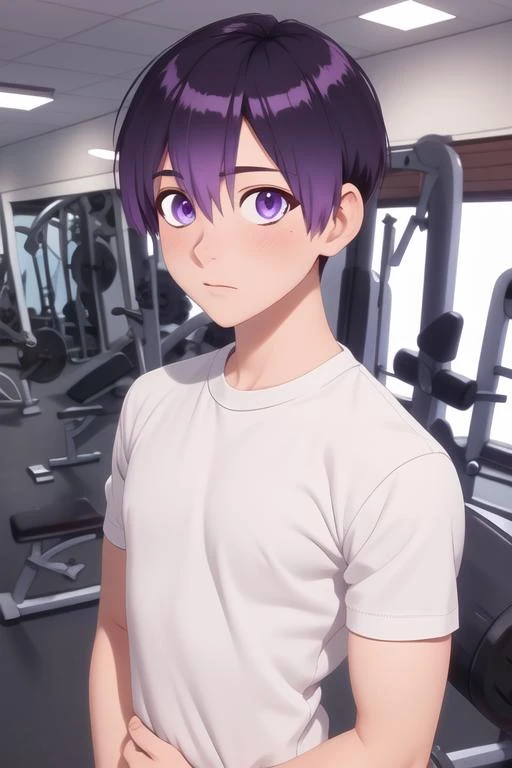 masterpiece, best quality, high quality, 1boy, solo, male focus, looking at viewer, upper body, <lora:yuuki_izumi:0.76>, yuuki_izumi, purple eyes, purple hair, realistic, gym uniform