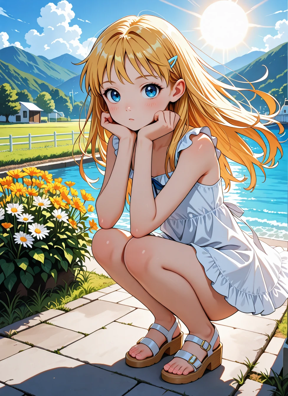 1girl, blush, squatting, small sundress, day, sun, wind, <BREAK> , masterpiece, best quality, absurdres, highres, very aesthetic, high quality, detailed, insanely detailed, beautiful, very awa, anime screencap
