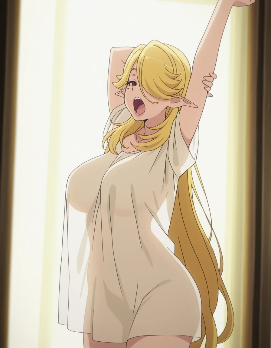 masterpiece, best quality, amazing quality,, <lora:misalie-s2-illustriousxl-lora-nochekaiser:1>, misalie, long hair, blonde hair, very long hair, pointy ears, hair over one eye, mole, mole under eye, brown eyes, mature female, breasts, anime screencap, <lora:see-through-silhouette-illustriousxl-lora-nochekaiser:1>, see-through silhouette, see-through clothes, sundress, shirt overhang, naked shirt, crop top overhang, see-through shirt, backlighting, oversized shirt, standing, cowboy shot, holding own arm, arms up, yawning, one eye closed, open mouth,,