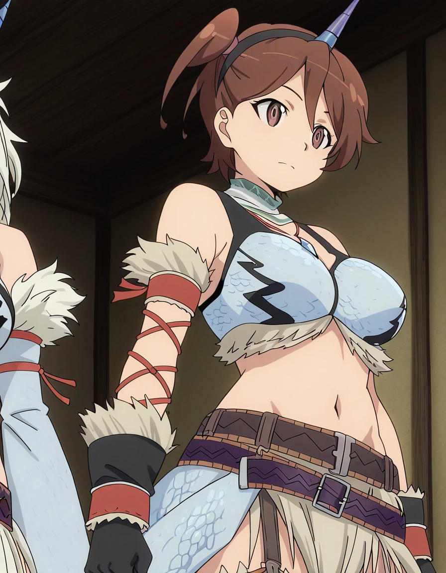 masterpiece, best quality, amazing quality,, <lora:shino-kuribayashi-s1s2-illustriousxl-lora-nochekaiser:1>, shino kuribayashi, short hair, brown hair, brown eyes, side ponytail, mature female, breasts, anime screencap, <lora:kirin-armor-illustriousxl-lora-nochekaiser:1>, kirin armor, kirin (armor), thighhighs, gloves, navel, hairband, detached sleeves, horns, black gloves, midriff, belt, fur trim, single horn,,