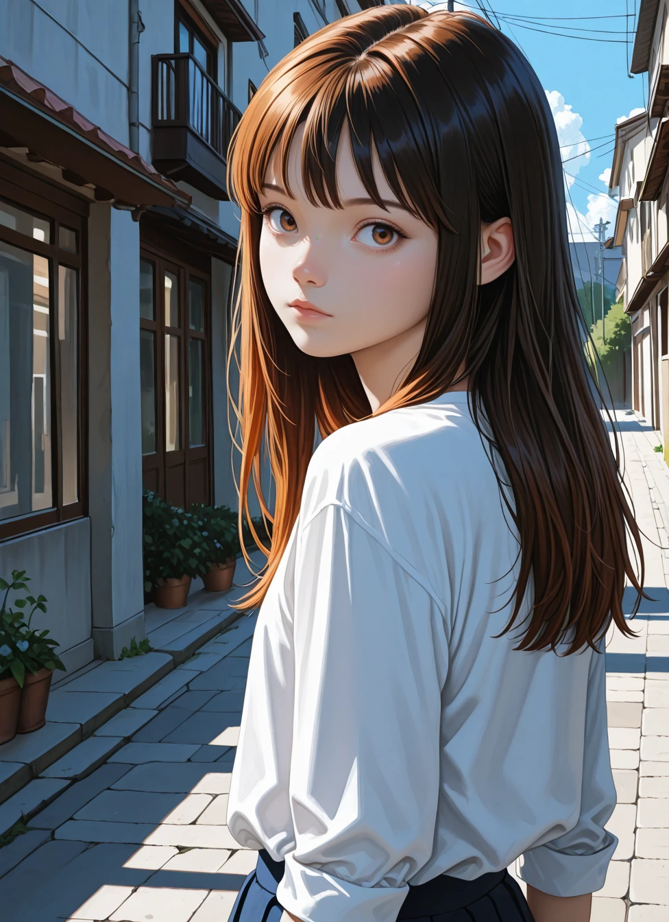1girl, looking back, outdoors, day, white shirt, short, <BREAK> , masterpiece, best quality, absurdres, highres, very aesthetic, high quality, detailed, insanely detailed, beautiful, very awa, anime screencap, , (((realistic, photorealistic, realistic shading:1.21), (masterpiece, best quality, amazing quality:1.10), very aesthetic, ultra detailed, highly detailed, intricate details, absurdres, (volumetric lighting, HDR:1.10)))