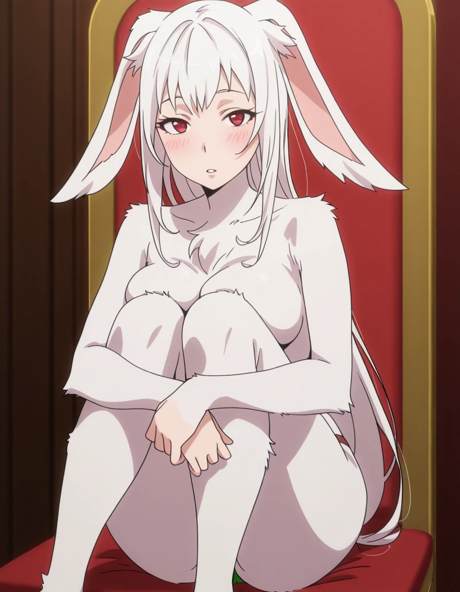 masterpiece, best quality, amazing quality,, <lora:tyuule-s2-illustriousxl-lora-nochekaiser:1>, tyuule, long hair, animal ears, white hair, rabbit ears, red eyes, fur, furry, body fur, white fur, mature female, medium breasts, anime screencap, <lora:knees-to-chest-illustriousxl-lora-nochekaiser:1>, knees to chest, ass peak, breast press, sitting, knees up, hugging own legs, blush, on chair, parted lips, looking at viewer,,