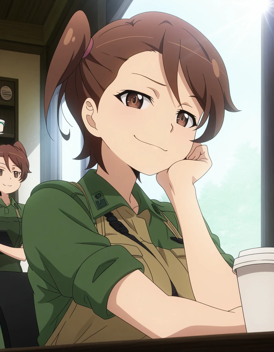 masterpiece, best quality, amazing quality,, <lora:shino-kuribayashi-s1s2-illustriousxl-lora-nochekaiser:1>, shino kuribayashi, short hair, brown hair, brown eyes, side ponytail, mature female, breasts, anime screencap, uniform, military, military uniform, green uniform,, head rest, smug, cafe, coffee cup, barista, sitting down, talking, relaxing, sunlight through window, cowboy shot, solo, looking at viewer