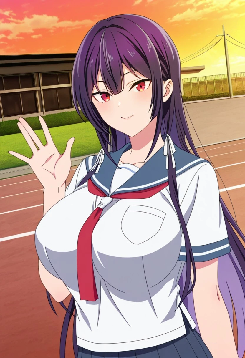 Score_9, Score_8_up, Score_7_up, source_anime BREAK photo of cowboy, looking at viewer, alone, 1 girl, Tohka Yatogami, 1 girl, alone, long hair, purple hair, purple eyes, very long hair, ponytail, red bow, headband , perfect body. sports suit, sports pants, sports jacket, red jacket, red pants,
big breasts, skin teething, toning, open mouth, heavy breathing, running, hands up, sideways, cleavage, bouncing breasts, speed lines, dynamic pose, 
Outdoor, running track, school yard, blue sky, sunlight,