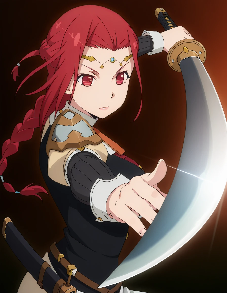 masterpiece, best quality, amazing quality,, <lora:pina-co-lada-s1s2-illustriousxl-lora-nochekaiser:1>, pina co lada, short hair, red eyes, red hair, braid, single braid, braided ponytail, mature female, medium breasts, anime screencap, <lora:gatotsu-stance-illustriousxl-lora-nochekaiser:1>, gatotsu stance, weapon, sword, katana, holding weapon, holding, holding sword, foreshortening,,