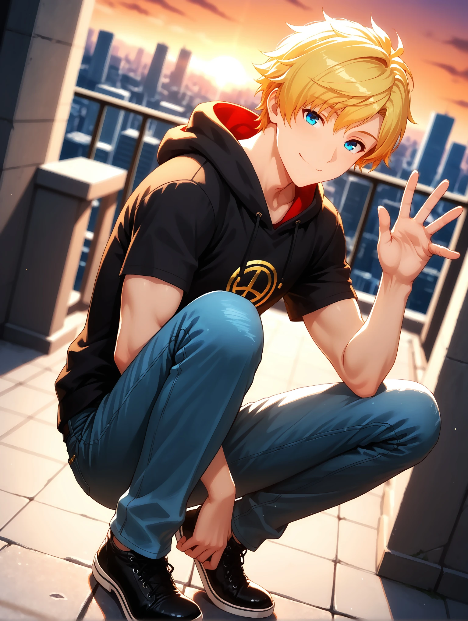 masterpiece, very aesthetic, best quality, amazing quality, dynamic angle, solo, 25 years old, imtdjaunearcil, 1boy, male, masculine, fit body, blonde hair, short hair, pants, hood, jeans, denim, hoodie, hood down, short sleeves, smile, looking at viewer, sexy look, outdoors, waving with both hands, V, peace symbol hands, shoes, black shoes, foot resting on knee, sunset, city, detailed background, depth of field, intricate details