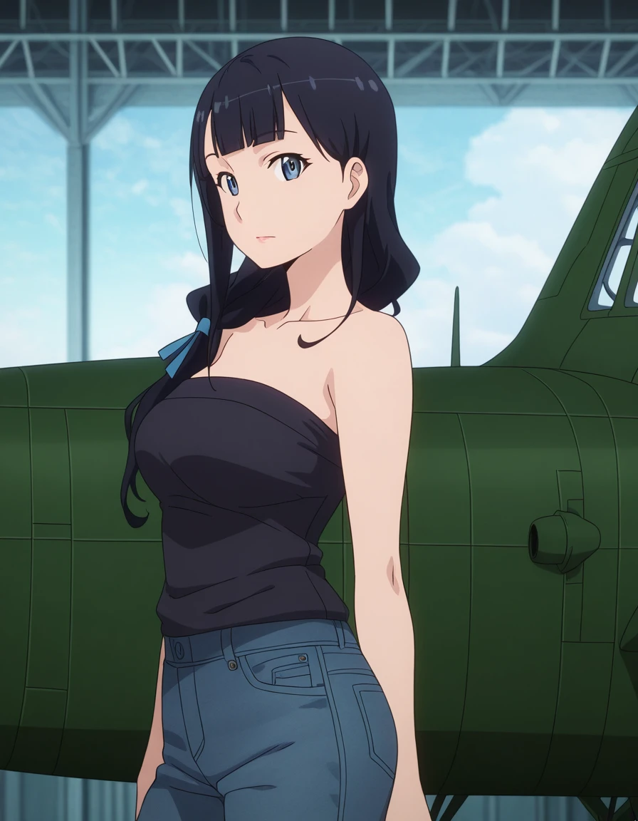 masterpiece, best quality, amazing quality,, <lora:mari-kurokawa-s1s2-illustriousxl-lora-nochekaiser:1>, mari kurokawa, long hair, bangs, blue eyes, black hair, ribbon, hair ribbon, blue ribbon, hair over shoulder, mature female, medium breasts, anime screencap, shirt, bare shoulders, collarbone, black shirt, strapless, pants, denim,, from side, hangar, planes, large, storage, aviation, cowboy shot, solo, looking at viewer