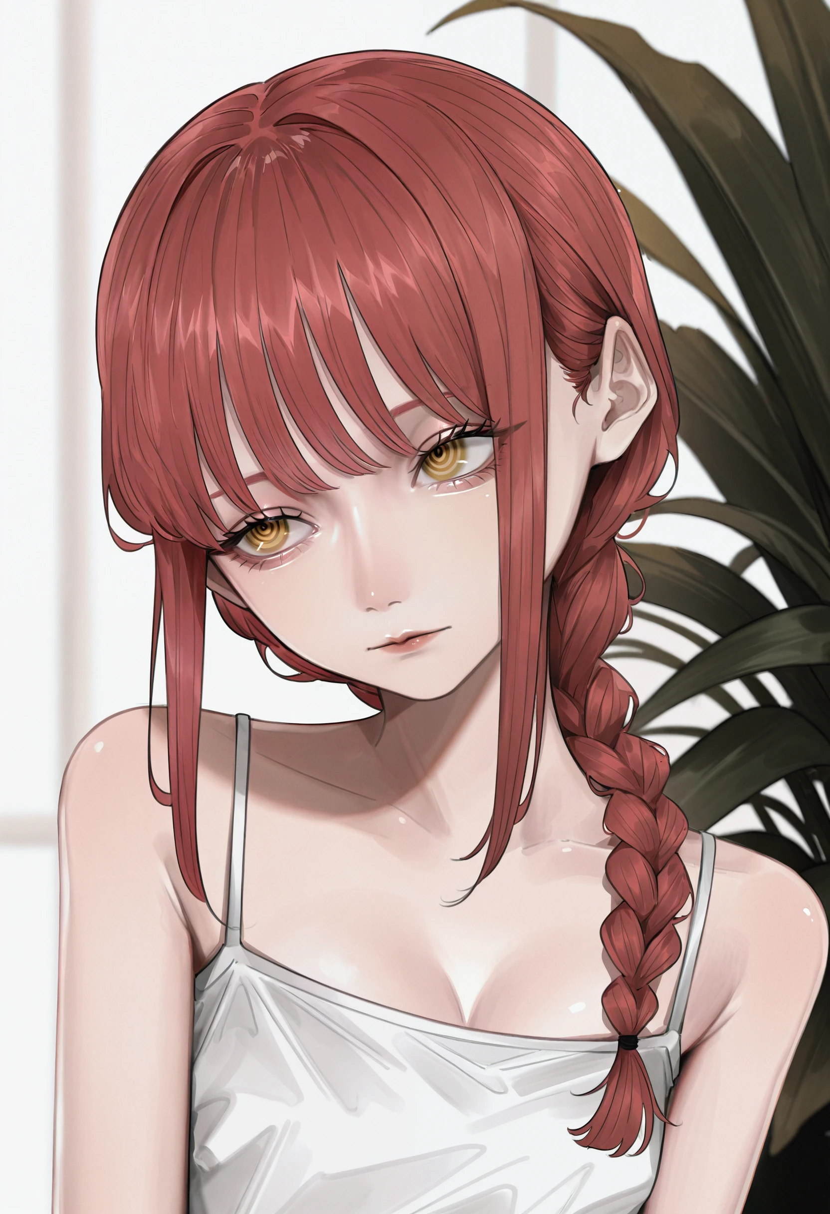 <lora:bWFub19hYWE=-illustriousXL_v01_V2-CAME>, bWFub, korean, aegyo sal, makima \(chainsaw man\), 1girl, solo, braid, ringed eyes, red hair, looking to the side, sidelocks, yellow eyes, braided ponytail, head tilt, hair over shoulder, white camisole, plant, camisole, long hair, spaghetti strap, bare shoulders, single braid, closed mouth, portrait, lips
