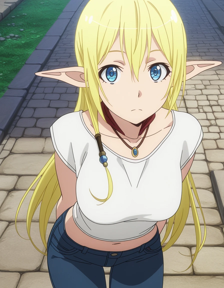 masterpiece, best quality, amazing quality,, <lora:tuka-luna-marceau-s1s2-illustriousxl-lora-nochekaiser:1>, tuka luna marceau, long hair, blonde hair, pointy ears, elf, blue eyes, mature female, medium breasts, anime screencap, jewelry, pants, necklace, denim, jeans, shirt, white shirt, short sleeves, collarbone, navel,, hands behind back, bent over,, stone walkway, historic, path, cobblestone, footpath, cowboy shot, solo, looking at viewer