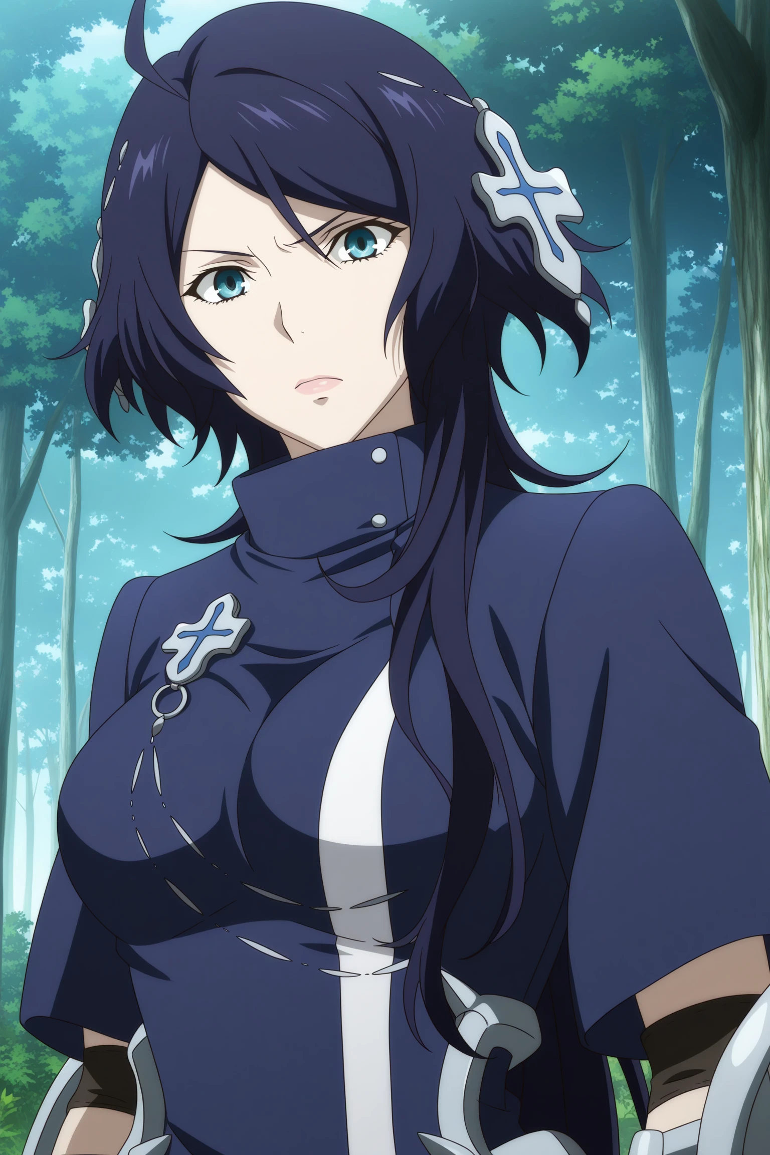 masterpiece, best quality, amazing quality, highres, absurdres, very aesthetic, high resolution, ultra detailed, perfect details, 1girl, solo, day, outdoors, forest, mora chester, very long hair, blue hair, head chain, cross hair ornament, ahoge, single sidelock, parted bangs, blue eyes, short sleeves, blue coat, long coat, jewelry, elbow pads, arm guards, black gloves, faulds, shin guards, flats, <lora:Mora_Chester_ILXL:0.8>, (aged up:1.2), (upper body:1.5), looking at viewer, serious, (anime coloring:1.2), (anime screencap:1.5)