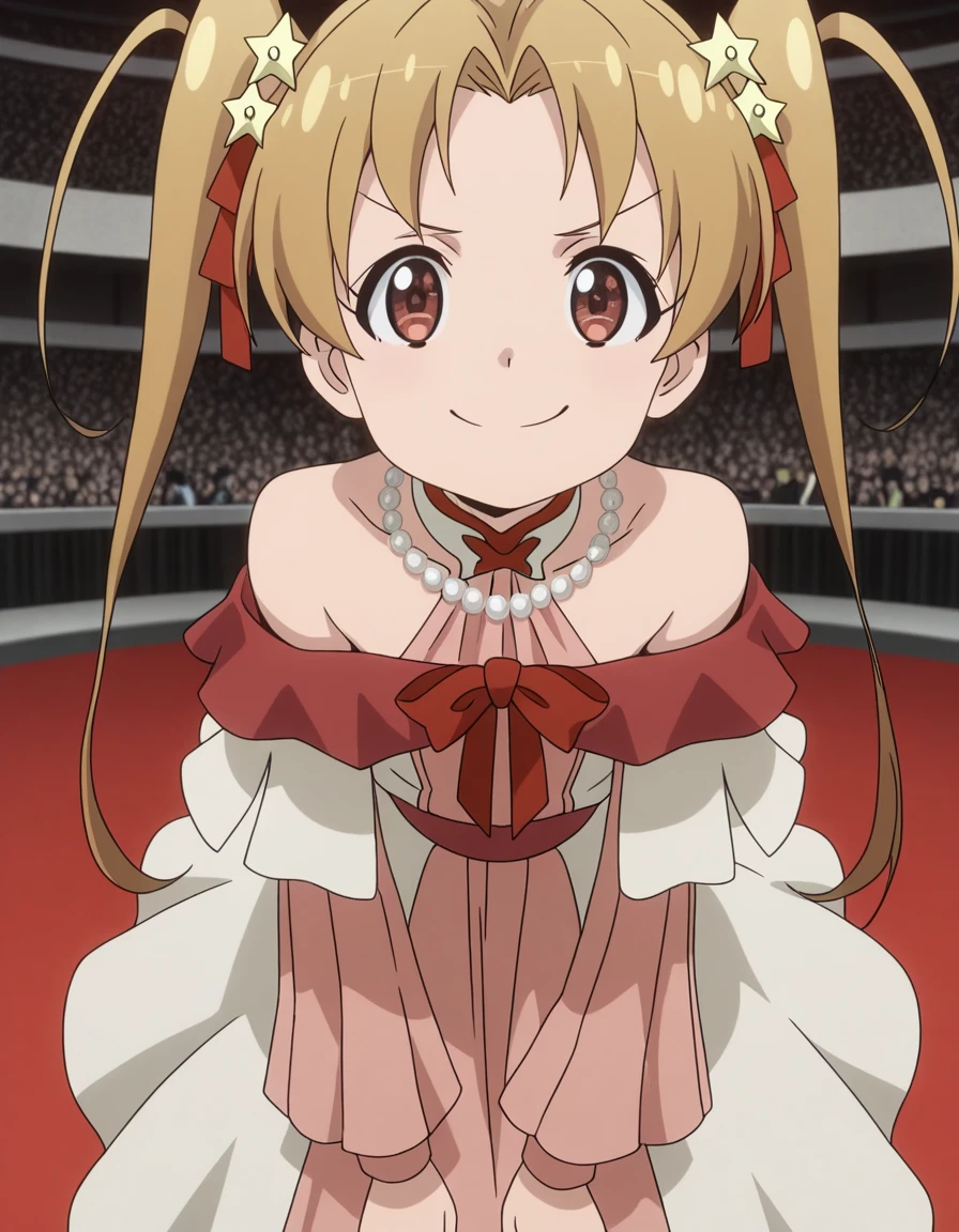 masterpiece, best quality, amazing quality,, <lora:sherry-tueli-s2-illustriousxl-lora-nochekaiser:1>, sherry tueli, long hair, brown hair, hair ornament, twintails, brown eyes, star (symbol), star ornament, anime screencap, dress, bare shoulders, jewelry, necklace, frills, long sleeves,, bent over, smug,, arena, seats, stage, event, audience, cowboy shot, solo, looking at viewer