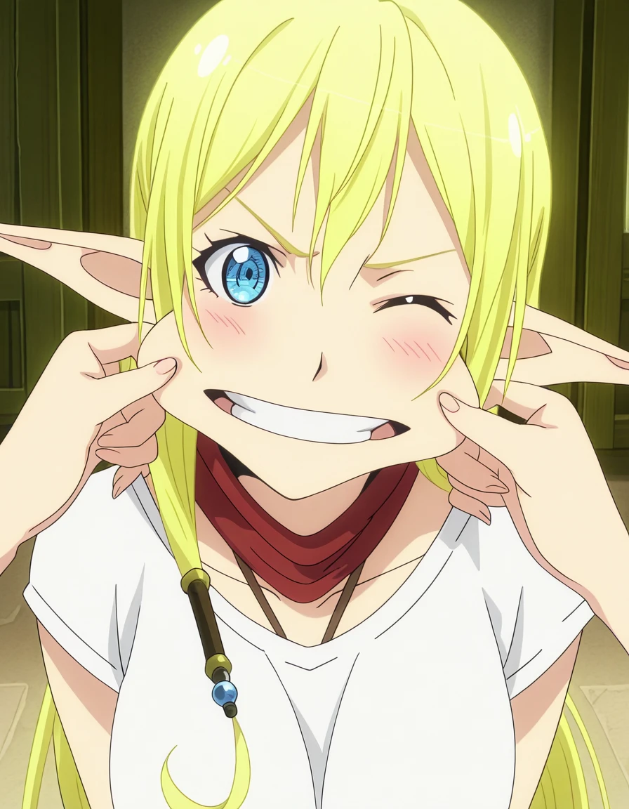 masterpiece, best quality, amazing quality,, <lora:tuka-luna-marceau-s1s2-illustriousxl-lora-nochekaiser:1>, tuka luna marceau, long hair, blonde hair, pointy ears, elf, blue eyes, mature female, medium breasts, anime screencap, <lora:double-cheek-pull-illustriousxl-lora-nochekaiser:1>, double cheek pull, blush, smile, open mouth, one eye closed, teeth, grin, pinching, cheek pinching, angry,,