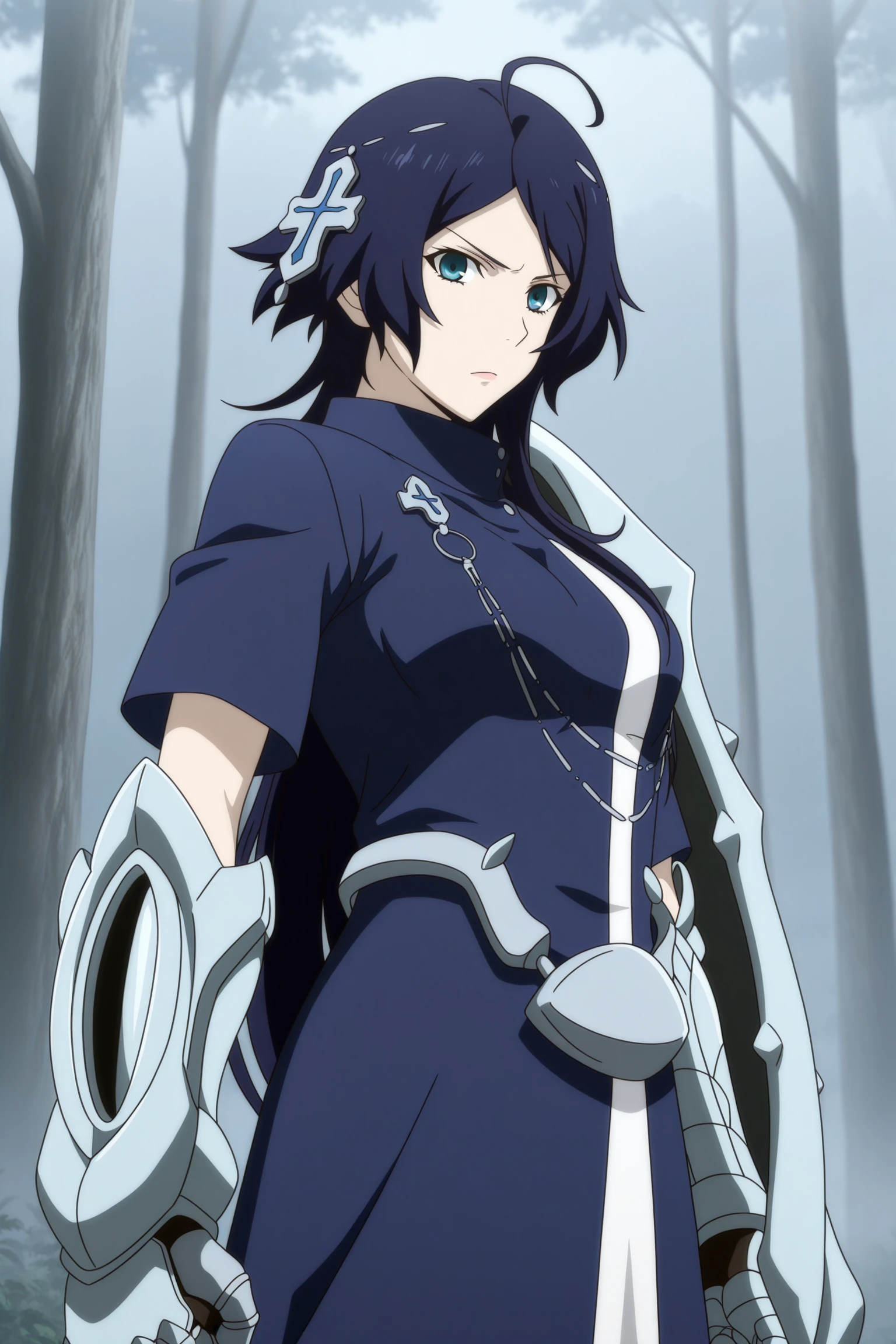 masterpiece, best quality, amazing quality, highres, absurdres, very aesthetic, high resolution, ultra detailed, perfect details, 1girl, solo, outdoors, forest, (fog:1.5), mora chester, very long hair, blue hair, head chain, cross hair ornament, ahoge, single sidelock, parted bangs, blue eyes, short sleeves, blue coat, long coat, jewelry, (single gauntlet:1.5), iron belt, armored boots, <lora:Mora_Chester_ILXL:0.8>, (aged up:1.2), (upper body:1.5), looking at viewer, serious, (anime coloring:1.2), (anime screencap:1.5), dynamic pose, from side
