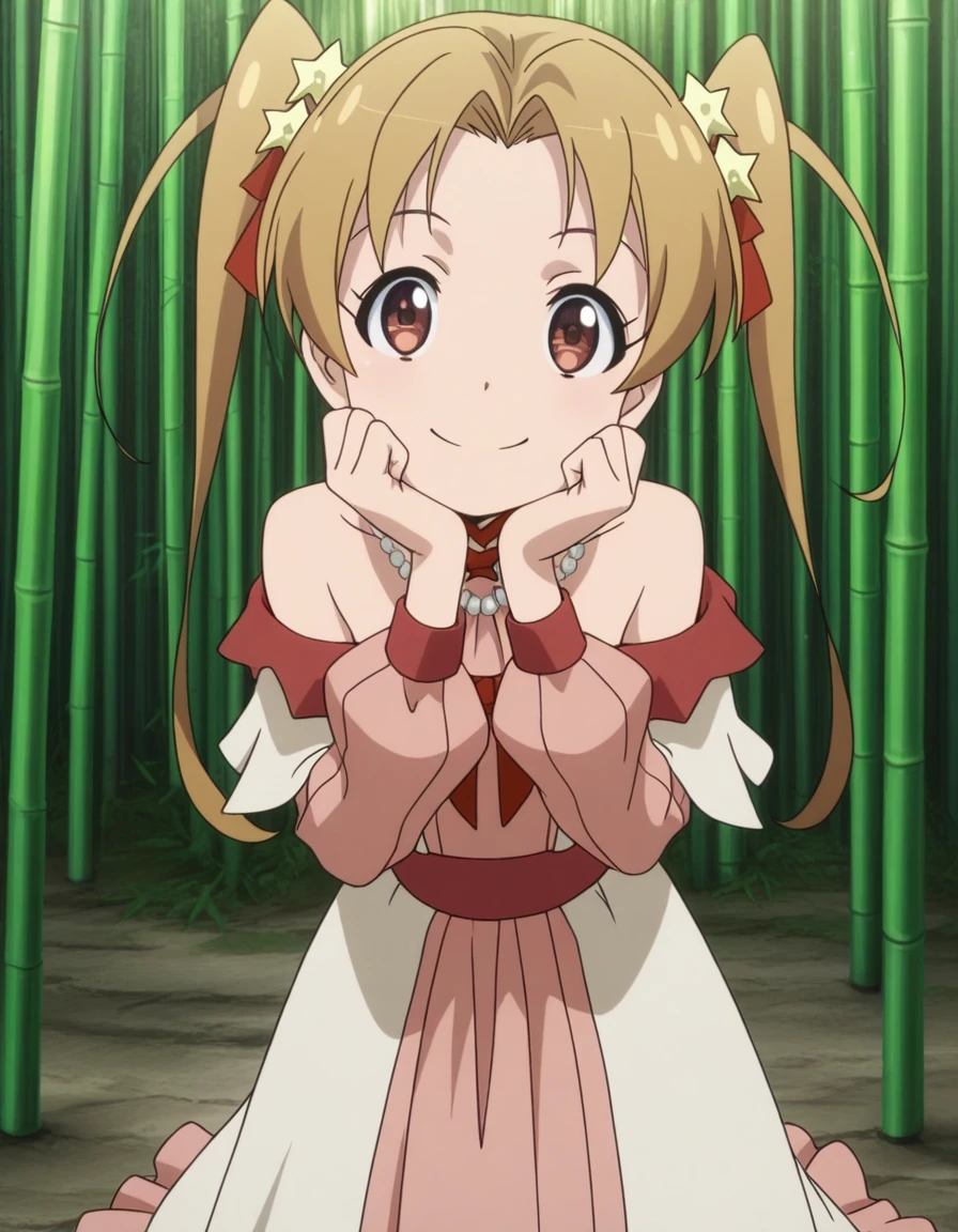 masterpiece, best quality, amazing quality,, <lora:sherry-tueli-s2-illustriousxl-lora-nochekaiser:1>, sherry tueli, long hair, brown hair, hair ornament, twintails, brown eyes, star (symbol), star ornament, anime screencap, dress, bare shoulders, jewelry, necklace, frills, long sleeves,, head rest, smile,, bamboo forest, bamboo, trees, dense, wildlife, cowboy shot, solo, looking at viewer