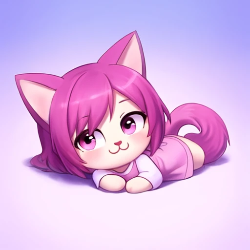 1girl, solo, cat girl, chibi, striking, straight, dark hot pink hair cascading down her back, light pink eyes, cat ears, long wagging wolf-tail, lying, dawn lit sky, friendly, :3, (dressed in white), lying on ground, <lora:SimbPimp_part1_0.15+SimbPimp_part2_0.15+SimbPimp_part3_r1_0.15+SimbPimp_part4_0.15+SimbPimp_0.5:0.9>, wet spot, looking at viewer, (<lora:SimbPimp_Embedding:-0.52>)