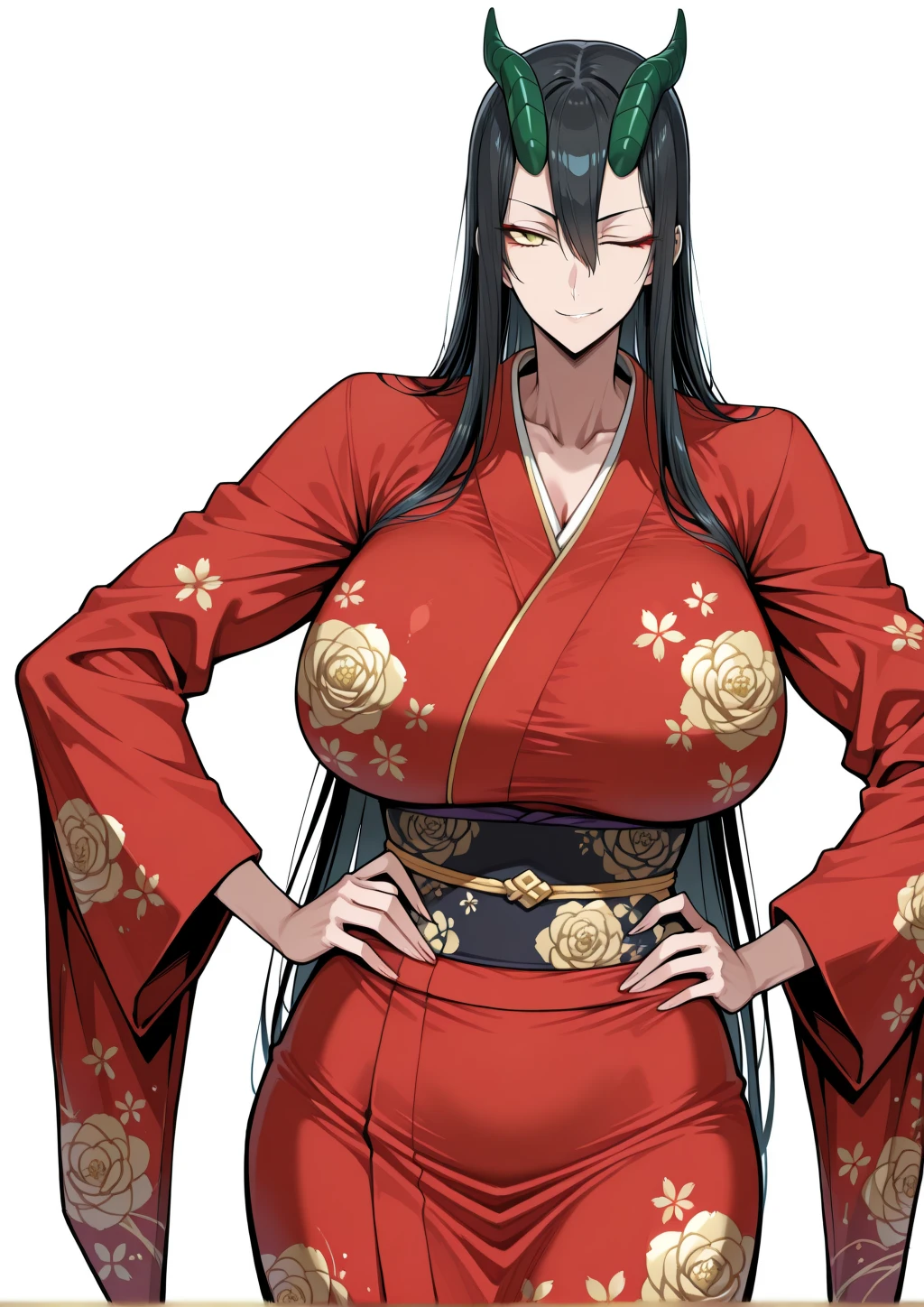 Japanese kimono,Underwear leaking out,black undersuit,hugetits,Squint