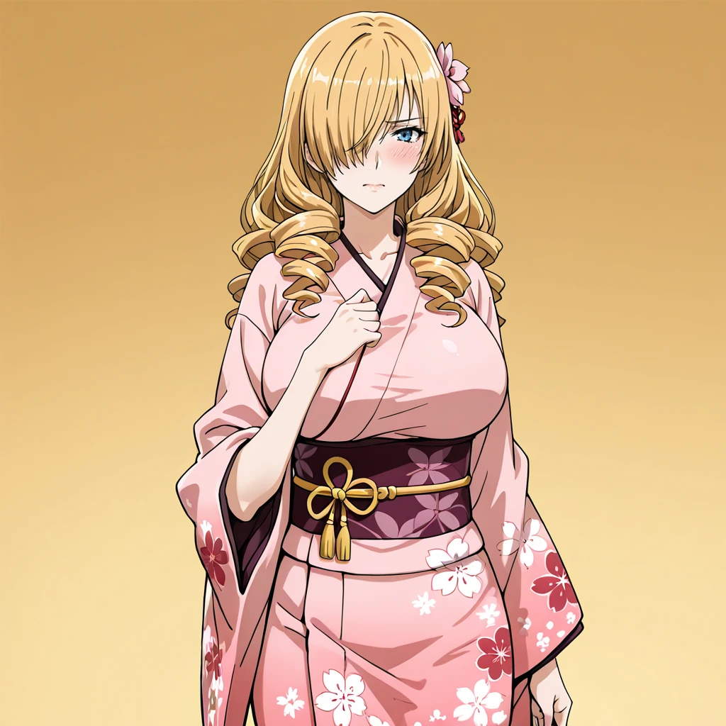 <lora:Oriana_illustrious_v1:.8> Oriana, 1girl, large breasts, solo, blonde hair, long hair, drill hair, hair over one eye, blue eyes, cowboy shot,, japanese clothes, kimono, hair ornament, blush, hair flower, pink kimono, sash, obi, floral print, wide sleeves