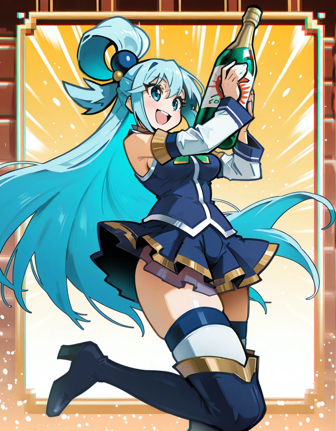 solo,
<lora:AEShakeeeeeeeee:1>
<lora:AEAquaIlx:1> AEAquaDef, blue eyes, blue hair, single hair ring, hair ornament, green bow, blue shirt, sleeveless, detached sleeves, White sleeves, blue skirt, miniskirt, White thighhighs, thighhighs under boots, zettai ryouiki, blue thigh boots, high heel boots, high heels, happy, holding champagne bottle, hugging bottle,, masterpiece, best quality, high quality, highres, 4k, newest, anime,