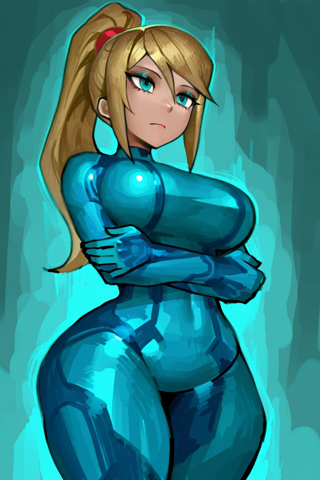 masterpiece, best quality, 1girl, samus aran, blonde hair, bodysuit, blue clothes, torn bodysuit, breasts, nipples, clenched teeth, furrowed brow, looking at viewer, cowboy shot, large breasts, nsfw, from above, blush