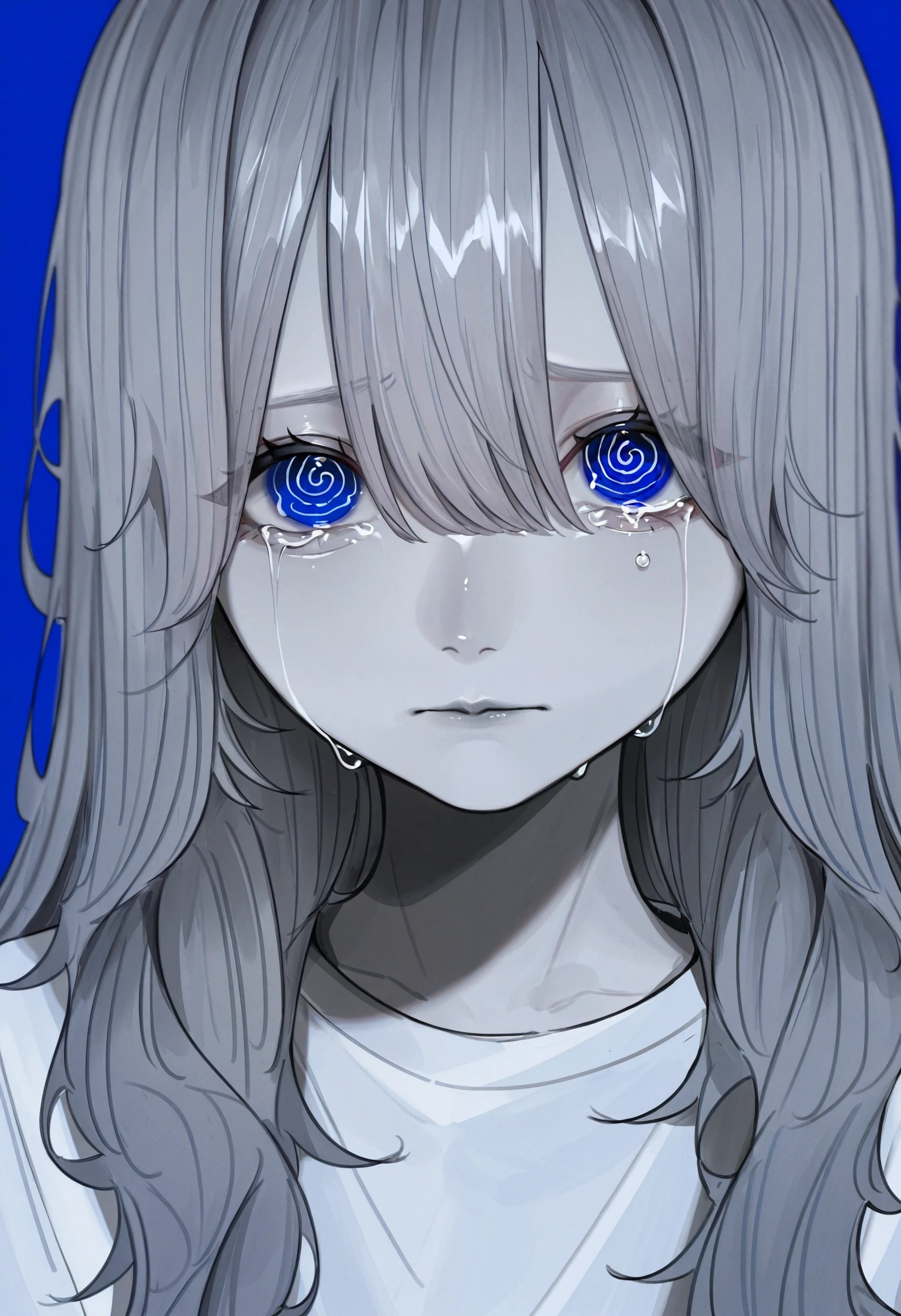 <lora:bWFub19hYWE=-illustriousXL_v01_V2-CAME>, bWFub, korean, aegyo sal, 1girl, solo, long hair, looking at viewer, blue eyes, twitter username, blue background, closed mouth, portrait, crying, blue theme, @_@, tears, hair between eyes, crying with eyes open, simple background, spot color, monochrome, grey hair, expressionless, blood from eyes, limited palette, hair over one eye
