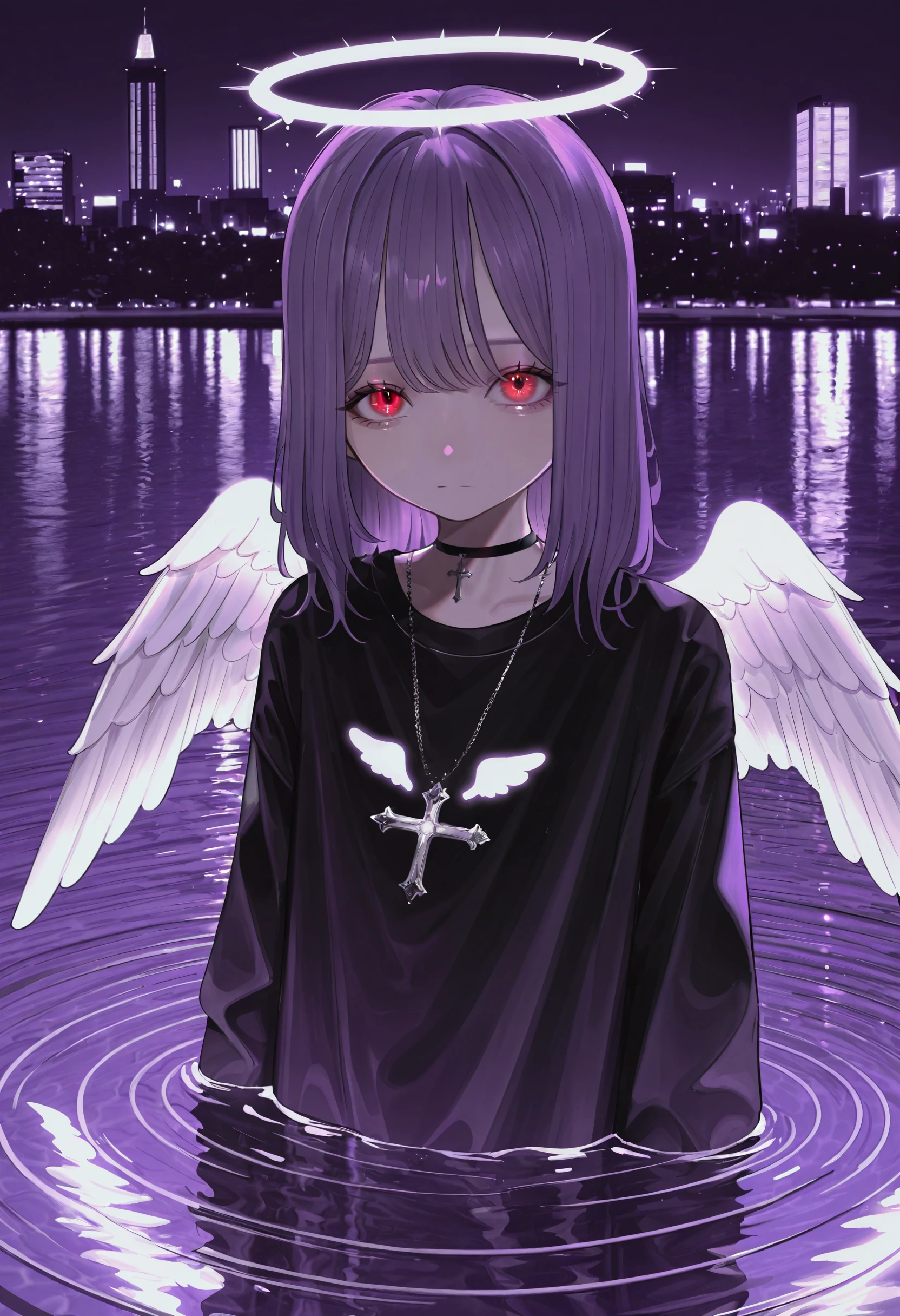 <lora:bWFub19hYWE=-illustriousXL_v01_V2-CAME>, bWFub, korean, aegyo sal, halo, wings, 1girl, solo, angel, cross, necklace, red eyes, angel wings, cross necklace, jewelry, feathered wings, looking at viewer, glowing, choker, water, glowing eyes, ripples, purple theme, partially submerged, black choker, medium hair, wading, cityscape, white wings, building, black shirt, city, upper body, reflection, city lights, long sleeves, no mouth