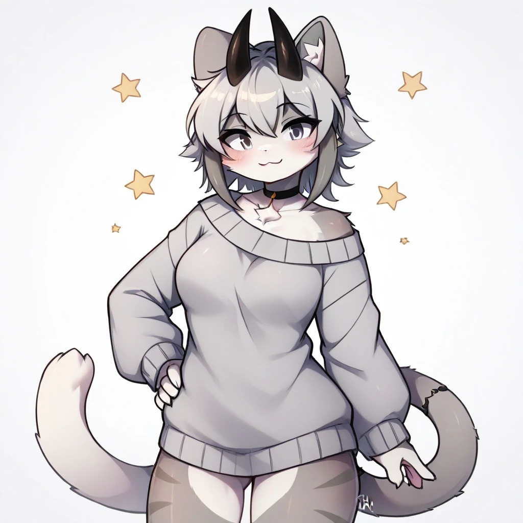 score_9, score_8_up, score_7_up, furry, source_furry, Cat Typh, Cat tail, Animal tail, Cat ears, Animal ears, 2 black horns, grey hair, grey eyes, grey skin, detailed, full color, saturated, best quality, standing, grey sweater, stars, simple background, smile, blush, open eyes, hand on hip, choker.