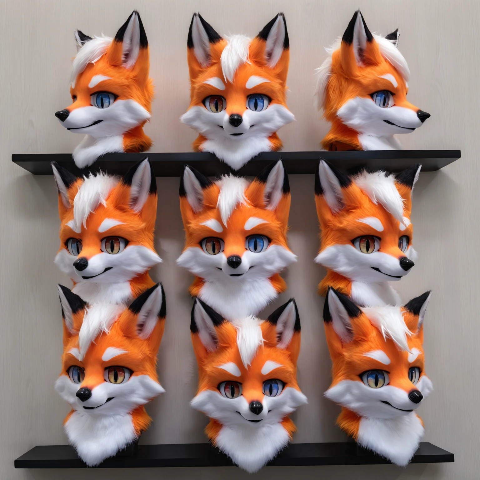 fursuit head on a Shelf,shelf
A set of six fox heads with different expressions, looking at viewer, heterochromia,orange and blue eyes,
white hair,
realistic, fox head,kemono style,six heads,orange and white fur, black accents,
highly detailed,