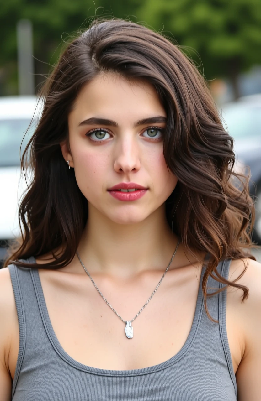 The image is a close-up portrait of a young woman with long, wavy brunette hair. She is wearing a gray tank top and a silver necklace. Her hair is styled in loose waves and falls over her shoulders. She has a serious expression on her face and is looking directly at the camera. The background is blurred, but it appears to be an outdoor setting with trees and a car visible.