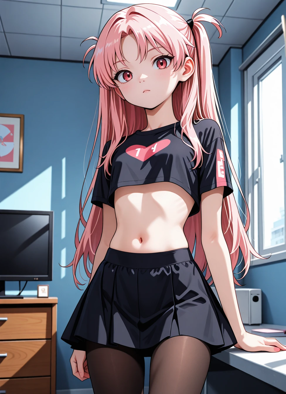 underboob、bellybutton、crop top look、Chibi T-shirt、Fashionable glasses、bra、Striped panties、Very Very Mini Skirt、Panty shot、arcade、game machine、Game bench、UFO Catcher、Purikura、Date、forehead、Girl、Girl、Short、Younger、Lower school year、Baby Face、flat chest、Angry face、Dynamic Angle、masterpiece、best quality、ultra-detail、There are customers around、I'm making a mess、Clothing