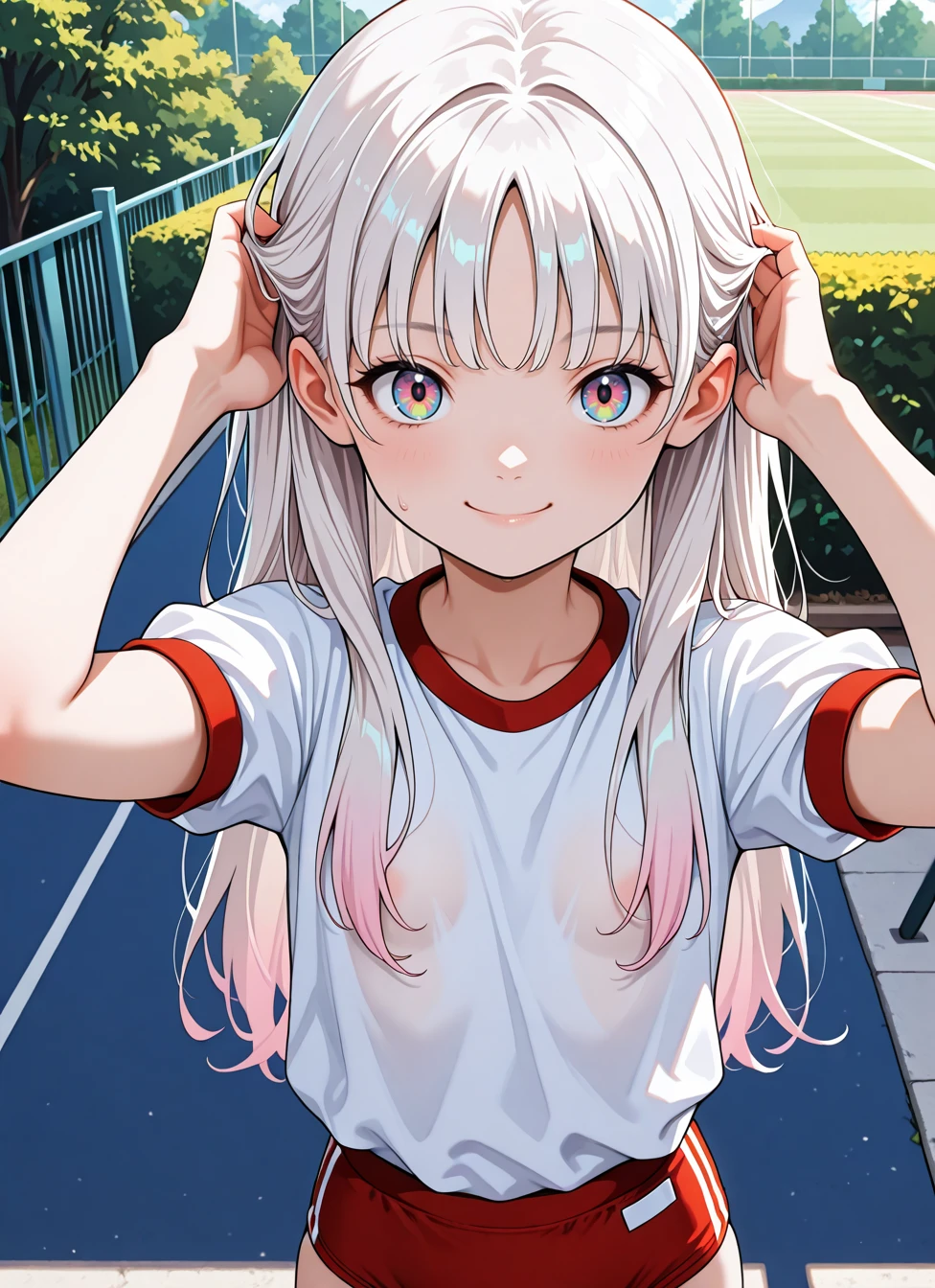 1girl, white hair, long hair, multicolored eyes, smile, sweat, outdoors, hand on hair, no bra, <BREAK> , masterpiece, best quality, absurdres, highres, very aesthetic, high quality, detailed, insanely detailed, beautiful, very awa, anime screencap, , gym uniform, white shirt, short sleeves, red buruma,