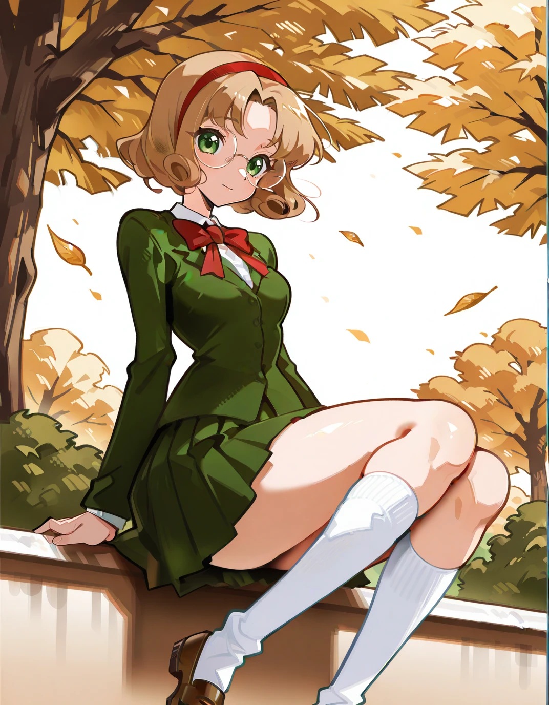 solo,
<lora:AEShakeeeeeeeee:1>
<lora:AEFuuillx:1> AEFuuDef, green eyes, light brown hair, curly hair, parted bangs, short hair, glasses, rimless eyewear, round eyewear, red hairband, school uniform, green jacket, blazer, long sleeves, collared shirt, white shirt, red bowtie, green skirt, miniskirt, pleated skirt, white socks, kneehighs, brown footwear, loafers, light smile, autumn,, masterpiece, best quality, high quality, highres, 4k, newest, anime,