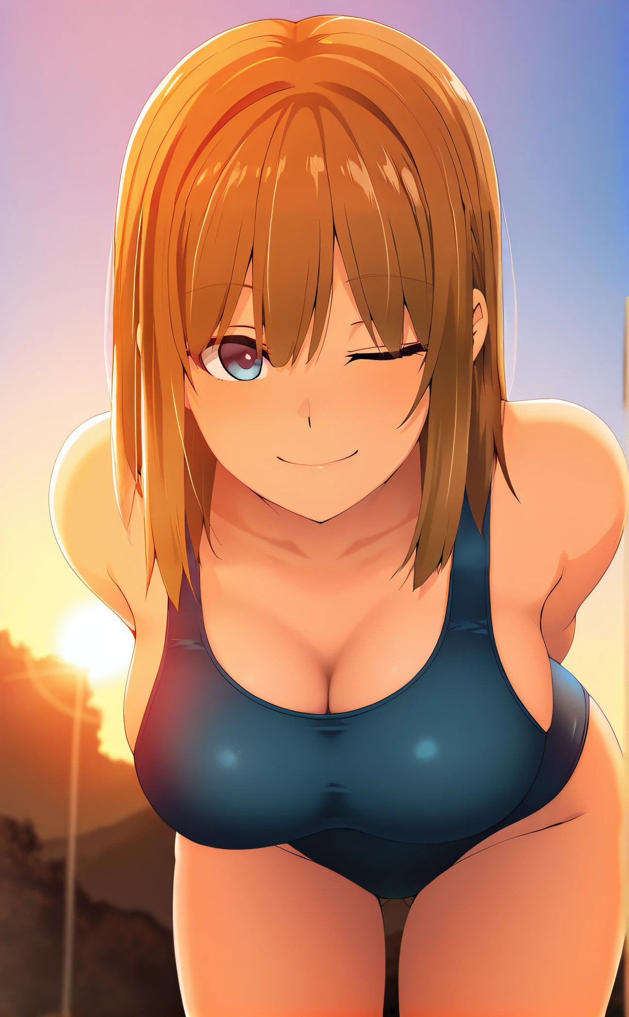 One girl,18-year-old,Perfect hands, Perfect Fingers,Perfect Anatomy, masterpiece, Highest quality,Realistic, hyperRealistic, 16k hdr, morning,Outdoor, From below,(Sweat:1.3),(blush),Large Breasts,Cleavage,Upper Body,(Leaning forward ,Kneel:1.2),My Favorite 、memcho、horn、Shortcuts、