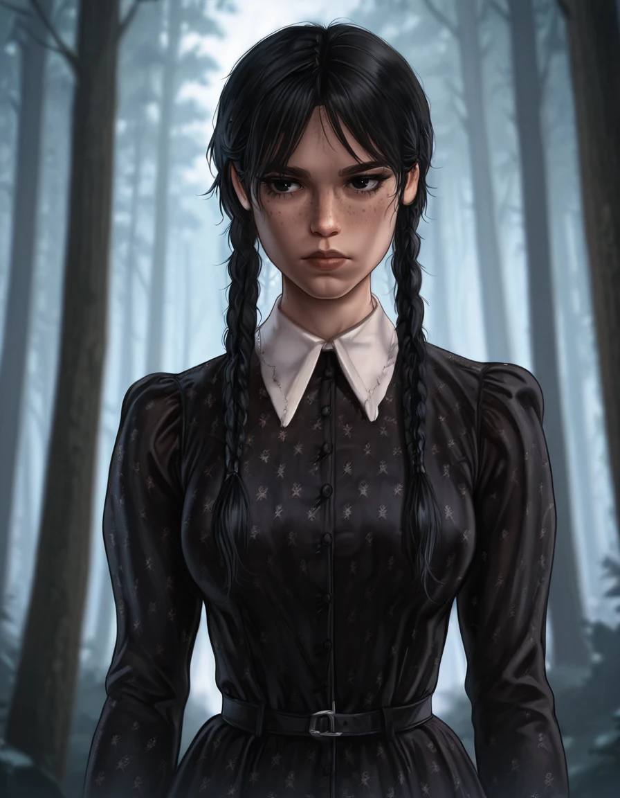 1girl, solo, dress, braid, twin braids, freckles, black hair, black dress, long sleeves, long hair, black eyes, closed mouth, collared dress, wednesday adams, forest <lora:Wednesday_Adams_r1:1> <lora:DandonFuga_Style_-_Illustrious:0.8> dandonfuga