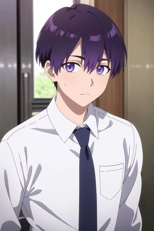 masterpiece, best quality, high quality, 1boy, solo, male focus, looking at viewer, upper body, <lora:yuuki_izumi:0.52>, yuuki_izumi, purple eyes, purple hair, realistic, formal, necktie, dress shirt