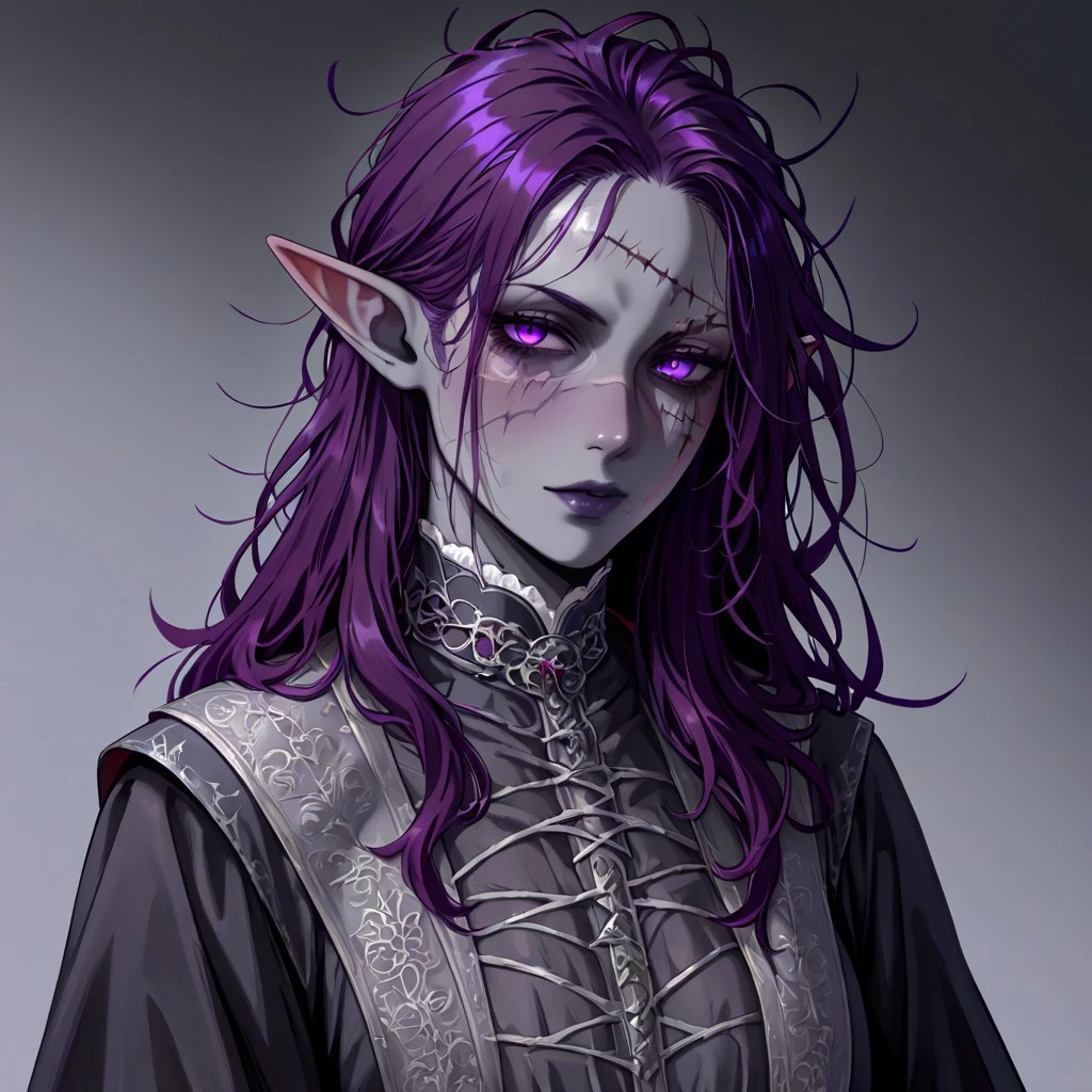 masterpiece, best quality, newest, absurdres, highres,
DFV1.0
1girl, goth, gothic, goth fashion, victorian, elf, coreset, messy hair, scar, scars, scar on face, robe, medival, medival clothing, mature, mature female,
Purple hair, Purple eyes, grey skin, colored skin, grey colored skin,