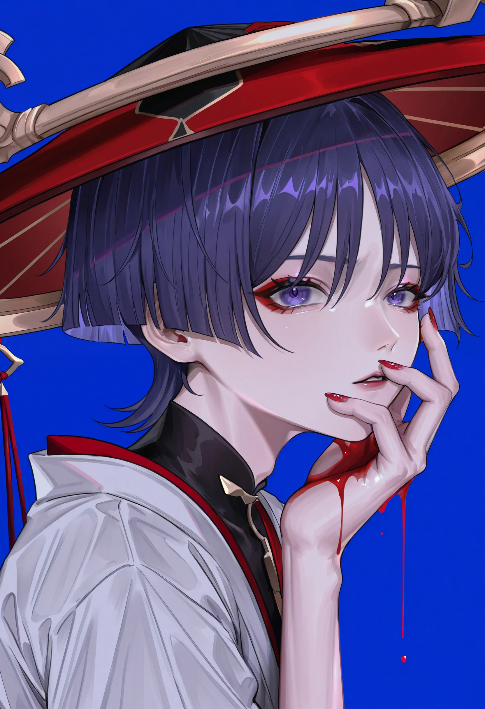 <lora:bWFub19hYWE=-illustriousXL_v01_V2-CAME>, bWFub, korean, aegyo sal, scaramouche \(genshin impact\), solo, 1boy, male focus, jingasa, hat, looking at viewer, blue background, short hair, purple eyes, red nails, blood, dripping, blood on hands, red eyeliner, simple background, makeup, japanese clothes, blue hair, purple hair, upper body, hair between eyes, bishounen, red eyeshadow, nail polish, portrait, red headwear, parted lips, hand on own face, eyeshadow, eyeliner, blunt ends