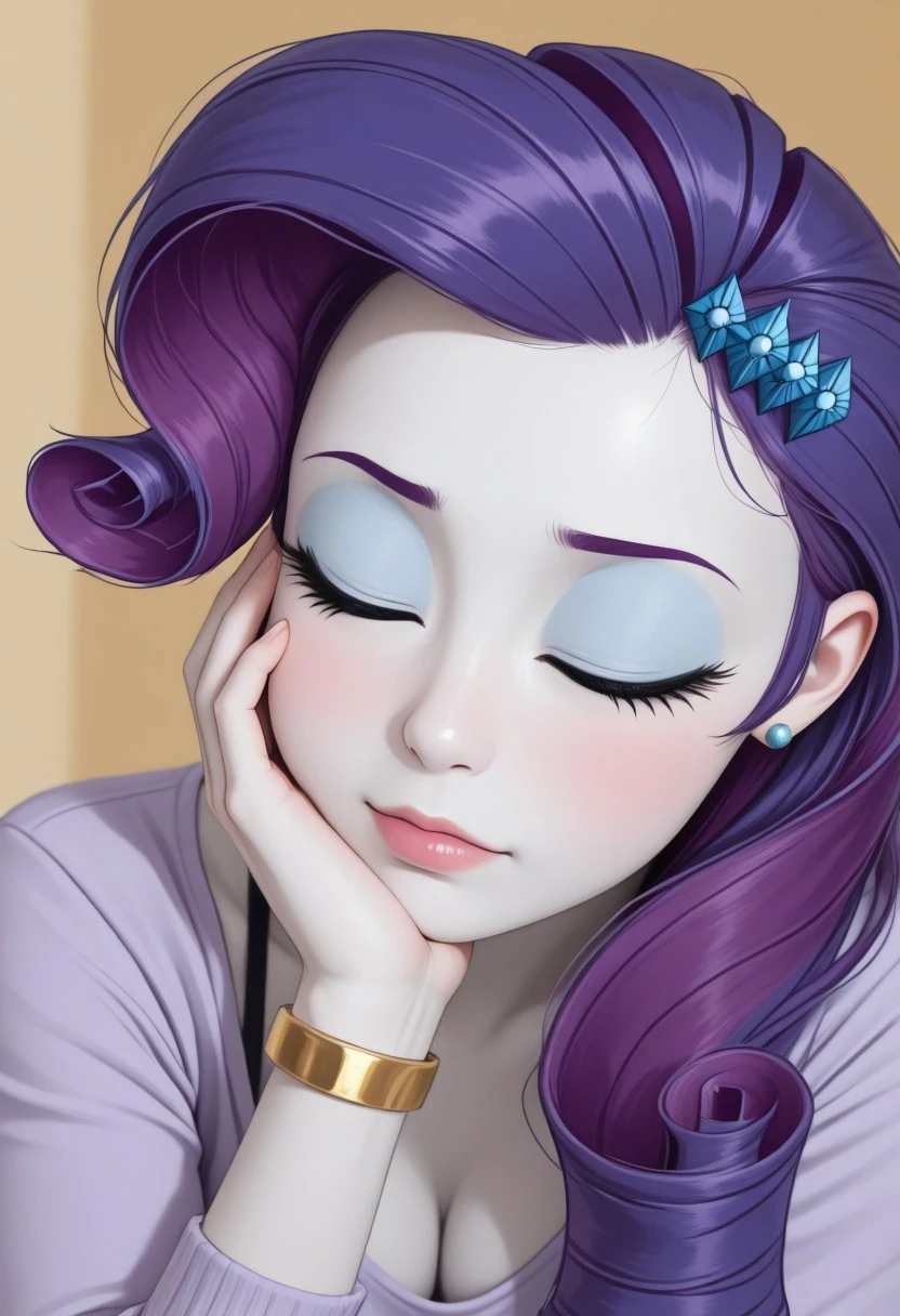 masterpiece, best quality,
reishad, solo, 1girl, female focus, grown adult, 35 years old,
BREAK
irl, realistic style,
BREAK
detailed skin, detailed face, dynamic pose,
BREAK,
medium breasts, sexy, face focus,
Rarity, mlp, show accurate, equestria girls, bracelet, purple hair, white skin, closed eyes, hair ornament jewelry, black top, long top, cleavage, long sleeves, skinny sleeves, black panties
lidded eyes, score_9, score_8_up, score_7_up, source_anime, masterpiece, 1girl, irl, realistic style,
depth of field, close up, face focus,
