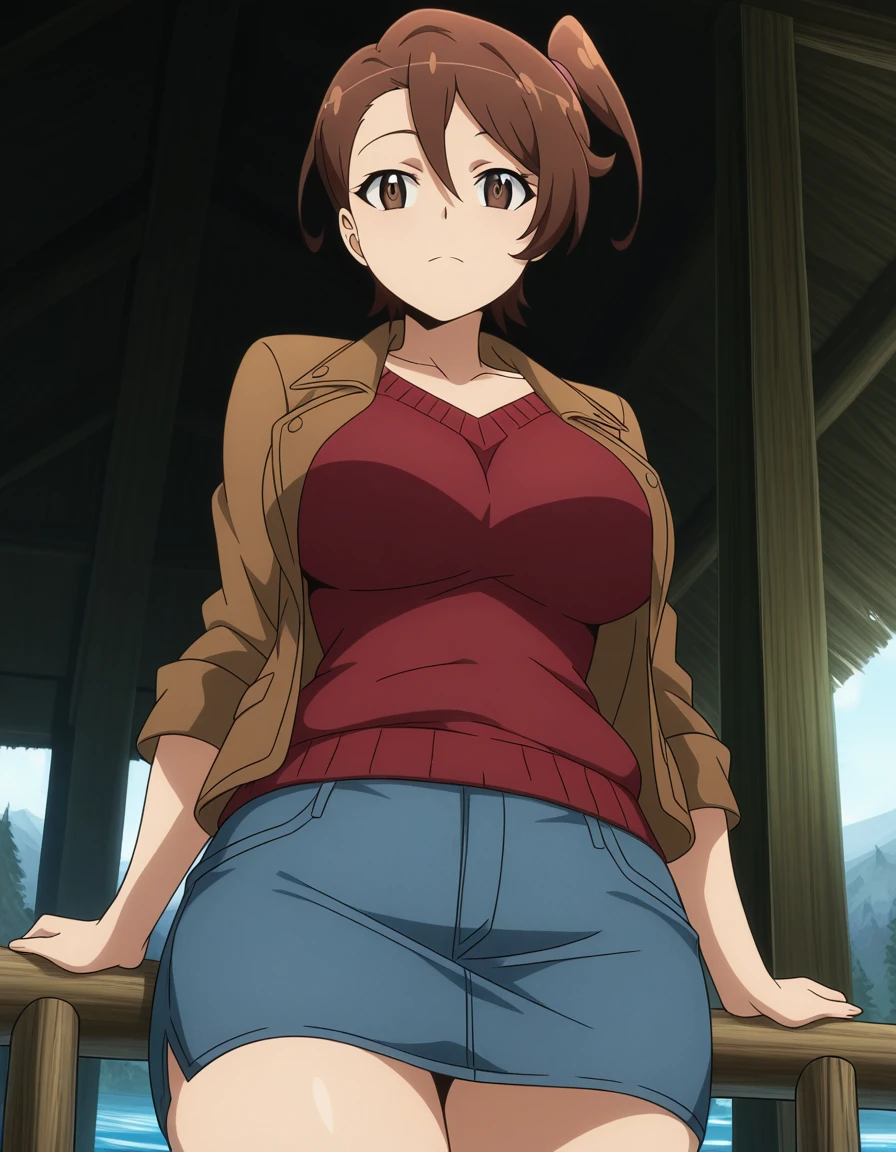masterpiece, best quality, amazing quality,, <lora:shino-kuribayashi-s1s2-illustriousxl-lora-nochekaiser:1>, shino kuribayashi, short hair, brown hair, brown eyes, side ponytail, mature female, breasts, anime screencap, skirt, jacket, miniskirt, pencil skirt, denim skirt, sweater, red sweater, brown jacket, collarbone,, from below, stilt house, tall, water, unique, support, cowboy shot, solo, looking at viewer