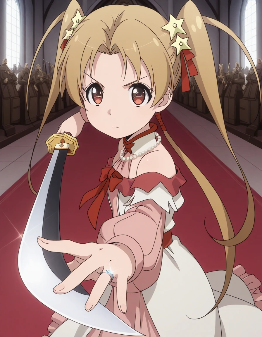 masterpiece, best quality, amazing quality,, <lora:sherry-tueli-s2-illustriousxl-lora-nochekaiser:1>, sherry tueli, long hair, brown hair, hair ornament, twintails, brown eyes, star (symbol), star ornament, anime screencap, dress, bare shoulders, jewelry, necklace, frills, long sleeves,, <lora:gatotsu-stance-illustriousxl-lora-nochekaiser:1>, gatotsu stance, weapon, sword, katana, holding weapon, holding, holding sword, foreshortening,, bell tower, bells, height, church, ring, cowboy shot, solo, looking at viewer