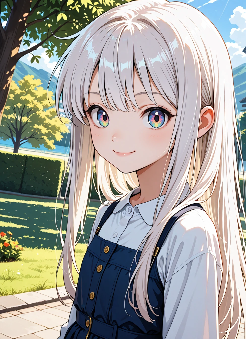 1girl, white hair, long hair, multicolored eyes, upper body, dutch angle,outdoors, day, smile, <BREAK> , masterpiece, best quality, absurdres, highres, very aesthetic, high quality, detailed, insanely detailed, beautiful, very awa, anime screencap