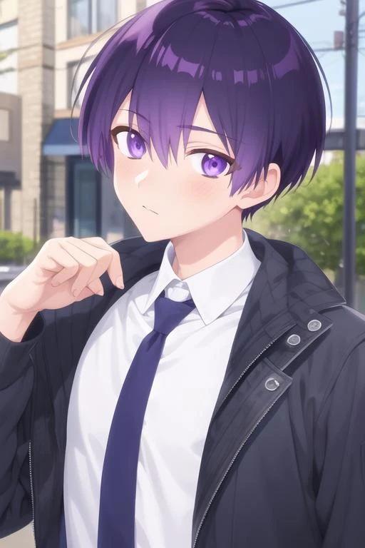 masterpiece, best quality, high quality, 1boy, solo, male focus, looking at viewer, upper body, <lora:yuuki_izumi:0.76>, yuuki_izumi, purple eyes, purple hair, , jacket