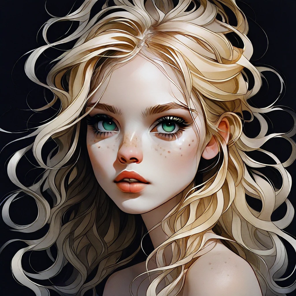 CharcoalDarkStyle, highly detailed, 1girl, beautiful woman, young woman, makeup, clear pale skin, detailed eyelashes, bangs, portrait, messy full hair, single blonde streak in hair, looking at viewer, <lora:CharcoalDarkStyle:1>