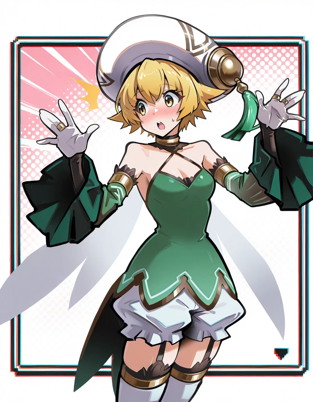 solo,
<lora:AEShakeeeeeeeee:1>
<lora:AEAtoli AEShino:1> AEAtoli, yellow eyes, blonde hair, short hair, small breast, || beret, white headwear, hat tassel, green tassel, White cape, choker, criss-cross halter, halterneck, cleavage, bare shoulders, green dress, detached sleeves, green sleeves, long sleeves, White gloves, jewelry, ring, frills, White bloomers, zettai ryouiki, garter straps, White footwear, thigh boots, high hells, blush, surprised, open mouth, looking to the side, hands up, open hands,, masterpiece, best quality, high quality, highres, 4k, newest, anime,