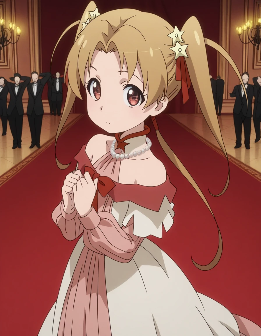 masterpiece, best quality, amazing quality,, <lora:sherry-tueli-s2-illustriousxl-lora-nochekaiser:1>, sherry tueli, long hair, brown hair, hair ornament, twintails, brown eyes, star (symbol), star ornament, anime screencap, dress, bare shoulders, jewelry, necklace, frills, long sleeves,, hands behind head,, ballroom, dance_floor, chandeliers, formal_wear, cowboy shot, solo, looking at viewer