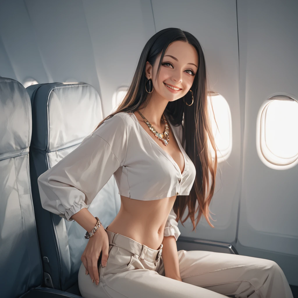 two girl in an airplane uniform standing in a plane with a clear foresight look at views, blurry, blurry background, blurry foreground, bracelet, breasts, brown eyes, yellow hair, cleavage, depth of field, jewelry, large breasts, leaning forward, lips, long hair, looking at viewer, mole, motion blur, pencil skirt, shirt, skirt, smile, solo focus, watch.