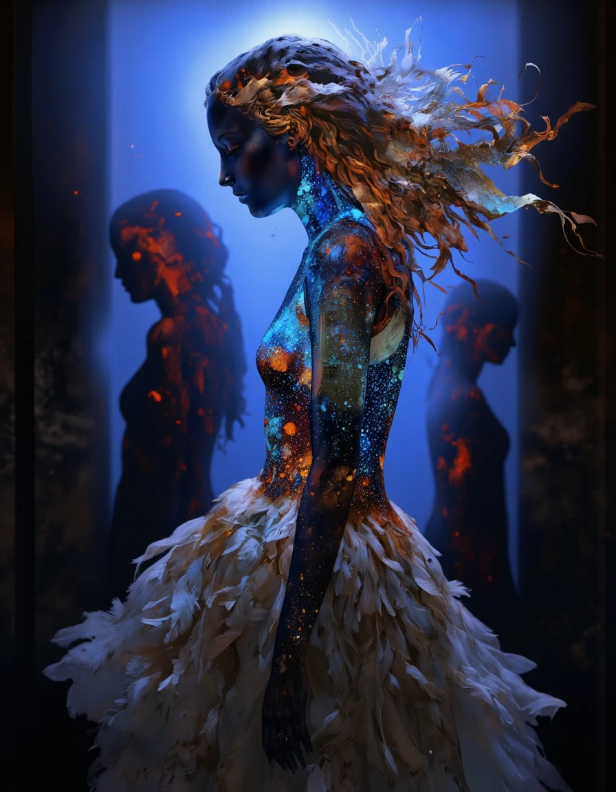 . A photo-realistic digital illustration shoot from a profile camera angle about a silhouette of a woman with a glowing, multicolored, ethereal appearance, featuring a stylized, stylized head and body. the image also shows a serene atmosphere with a soft, diffused blue and dark blue background. on the middle of the image, a woman, who appears to be in her mid-twenties, is standing with her head turned slightly to the side, facing away from the viewer. she has a slim body and is wearing a long, flowing, feathered dress that accentuates her curves. her hair is intricately detailed with colorful, glowing particles that create a sense of depth and dimensionality. the woman's eyes are closed, and her expression is serene. she is surrounded by a dark, blurry background with silhouettes of other figures in the distance, adding to the ethereal ambiance of the scene. the lighting is dramatic, with a mix of blue, red, and orange hues, creating a moody and surreal atmosphere.
