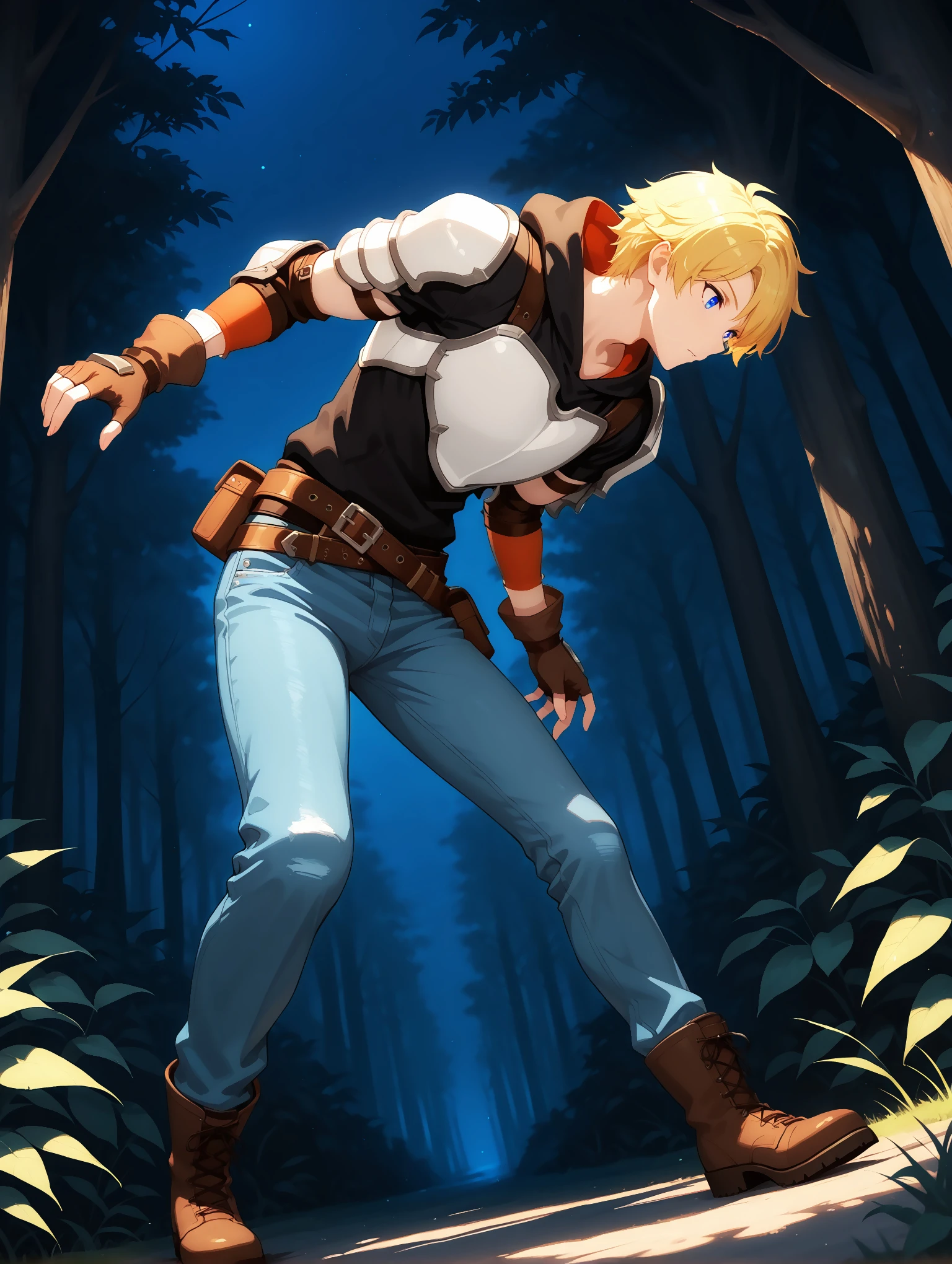 masterpiece, very aesthetic, best quality, amazing quality, dynamic angle, solo, 25 years old, imtdjaunearcil, 1boy, fit body, blonde hair, short hair, armor, gloves, pants, belt, blue eyes, hood, fingerless gloves, brown gloves, jeans, denim, hoodie, hood down, shoulder armor, boots, beautiful background, dark background, night, nature, outdoor