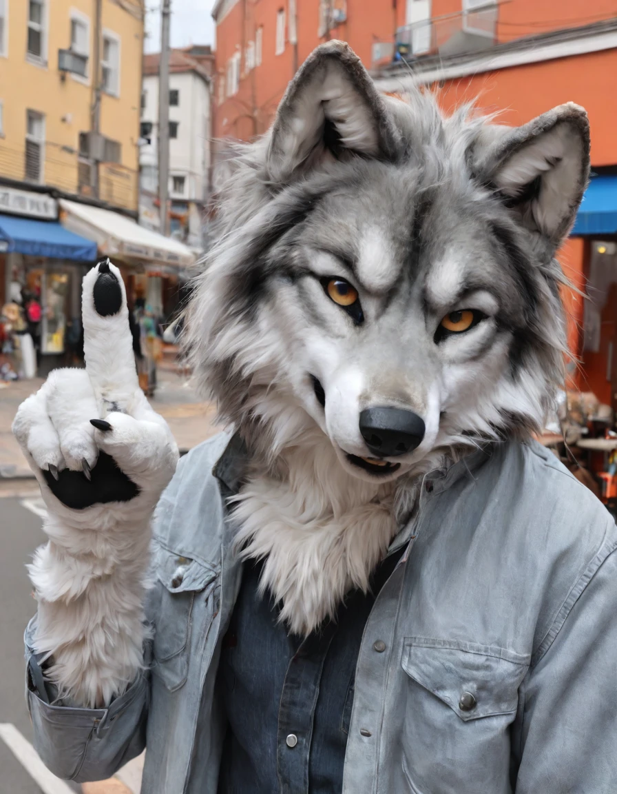 fursuit,realistic fursuit
anthro grey wolf,
simple_background, outdoors,
photorealistic,open_clothes,
sky ,day,street,upper_body,5_fingers, close-up,
Middle finger